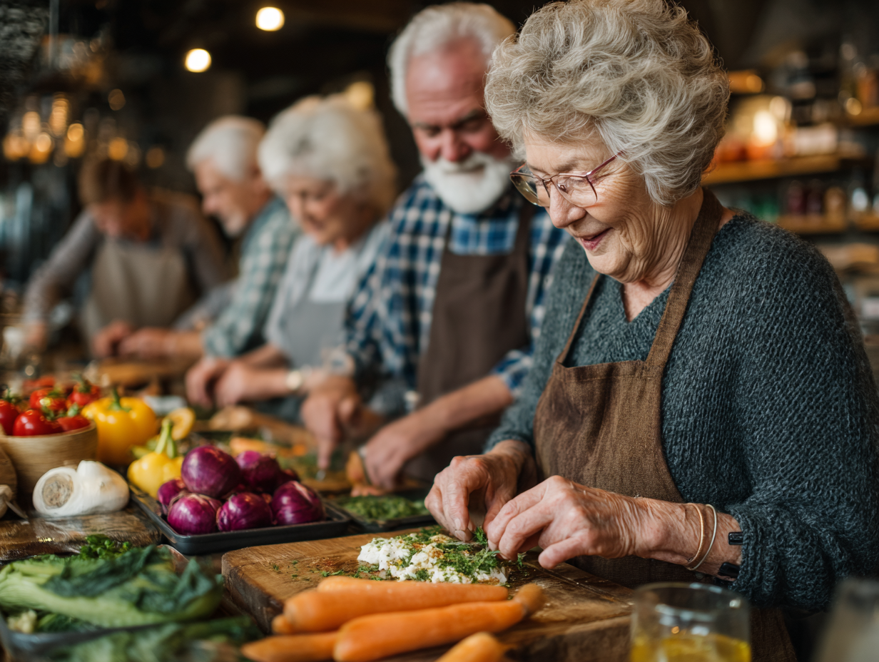 Старші люди готують здорову їжу та насолоджуються процесом приготування на сучасній кухні